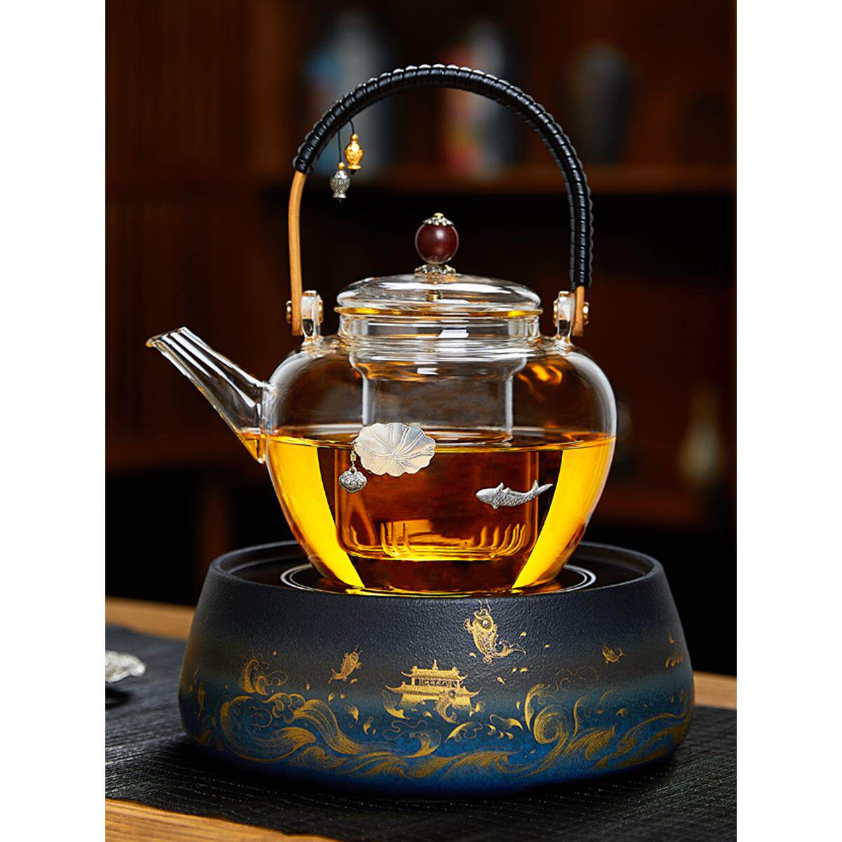 玻璃煮茶壶电陶炉蒸煮两用复古手工银饰家用茶具套装大容量烧水壶