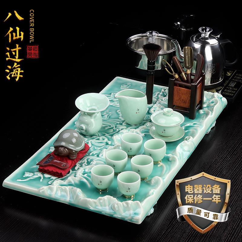 八仙过海浮雕青瓷陶瓷茶具套装会客办公室整套带茶盘电磁炉