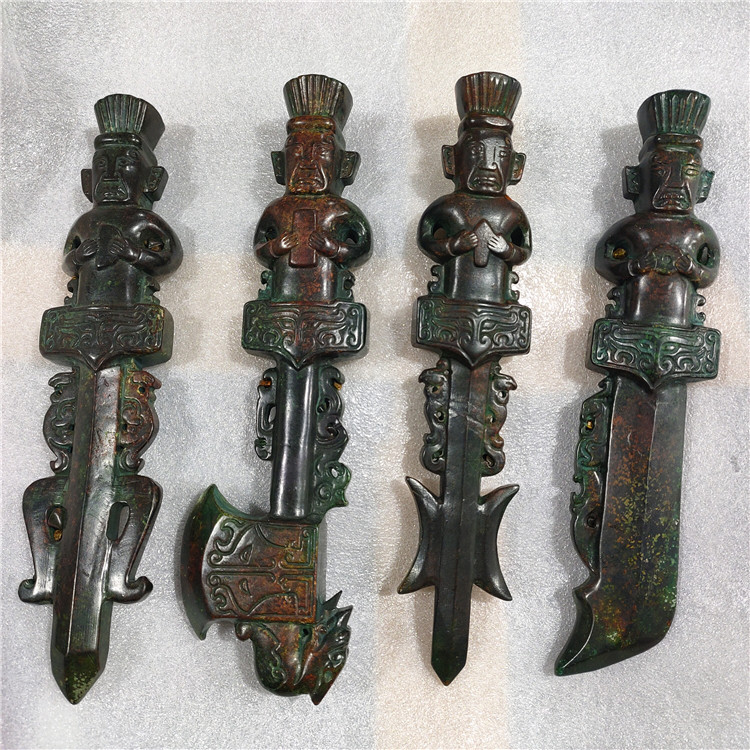 供应古玩杂项岫玉做旧工艺品勾斧剑戟红山文化兵器摆件批发
