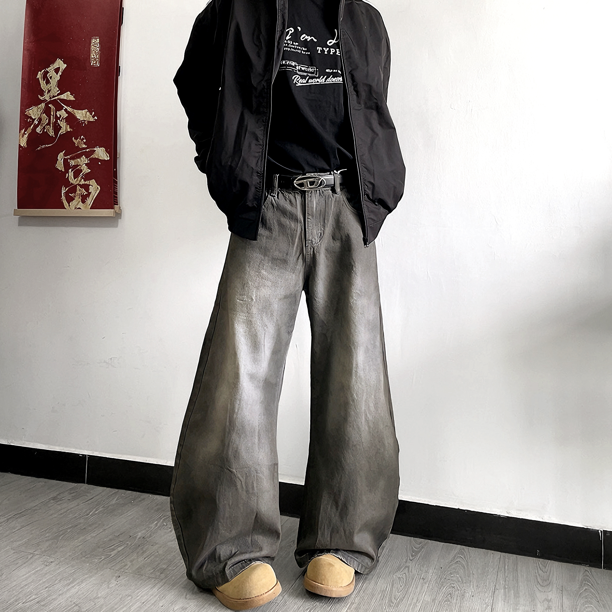 老钱风小弯刀牛仔裤男水泥灰裤子