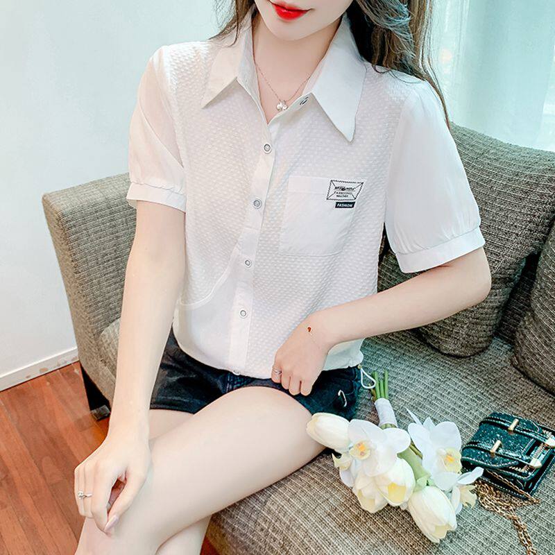 韩国夏季新款POLO领短袖T恤衬衫女休闲减龄小衫洋气薄款雪纺上衣