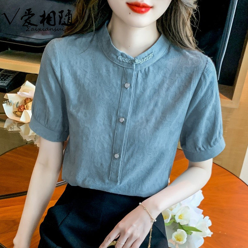 香港TIMO夏季2025新款女立领纯棉衬衫女洋气全棉提花套头薄款上衣