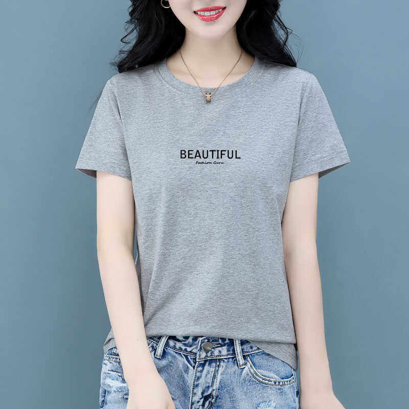 韩国t恤女2024年夏季短款宽松中年妈妈短袖正肩纯棉上衣夏装衣服