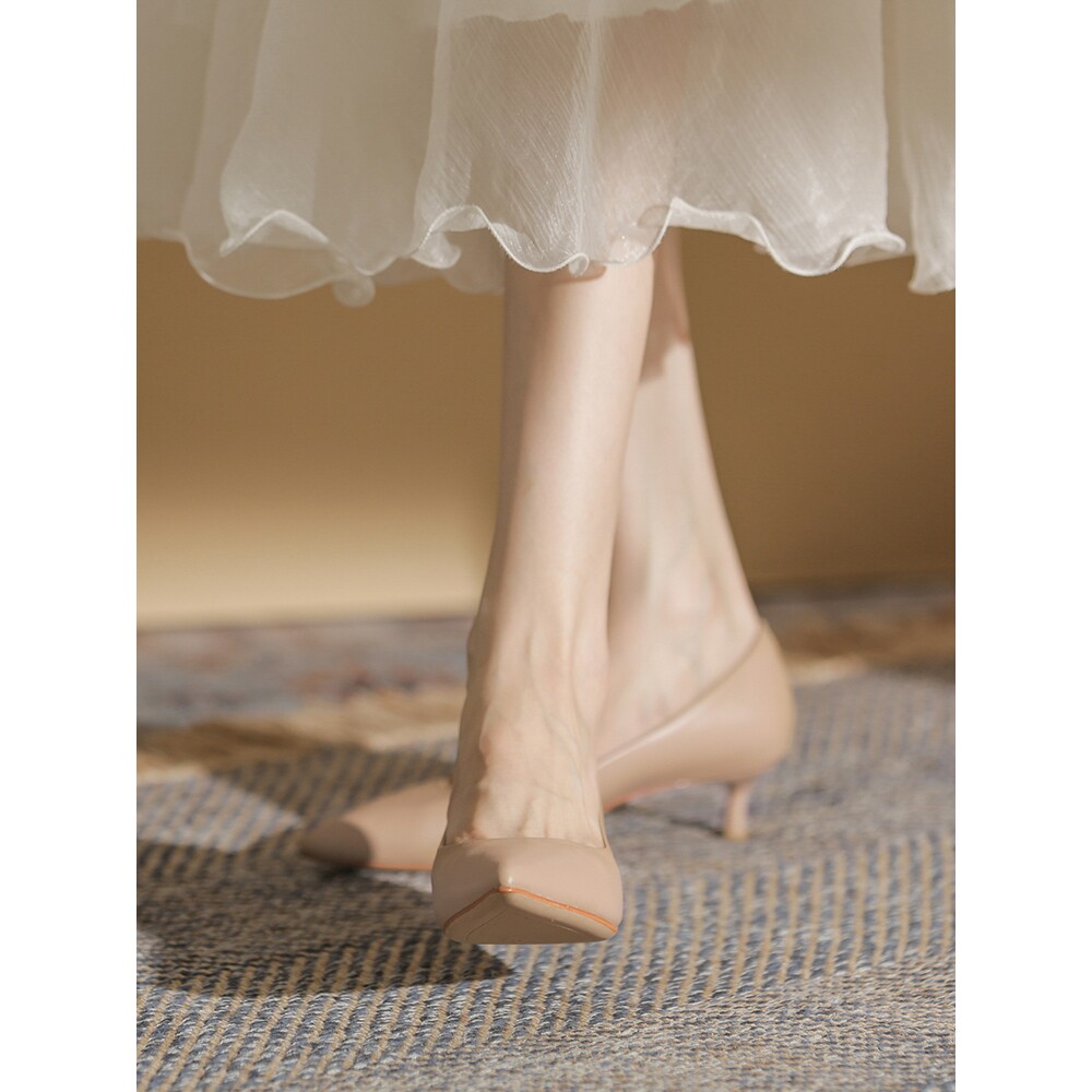 小丸子 低跟法式猫跟单鞋女2025夏季新款伴娘高跟鞋裸色工作鞋