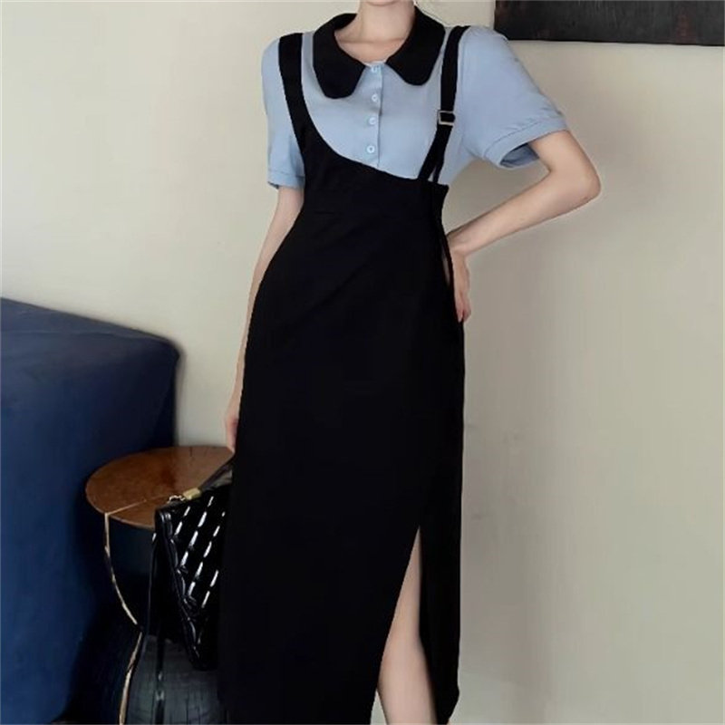 专柜假两件娃娃领连衣裙女2025夏季新款大码胖mm时尚显瘦a字长裙