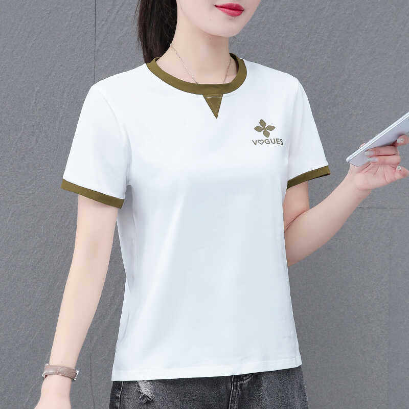 韩国纯棉正肩短袖t恤女2024年夏季中年夏装新款短款衣服宽松体恤