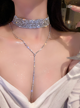 共赴晚宴_超闪满钻流苏项链女小众设计感轻奢胸链高级锁骨链颈链