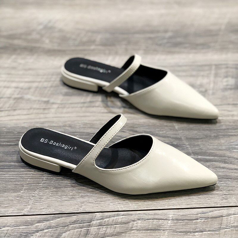 网红低跟包头半拖鞋女2024年夏季新款配裙子百搭外穿真皮尖头凉鞋