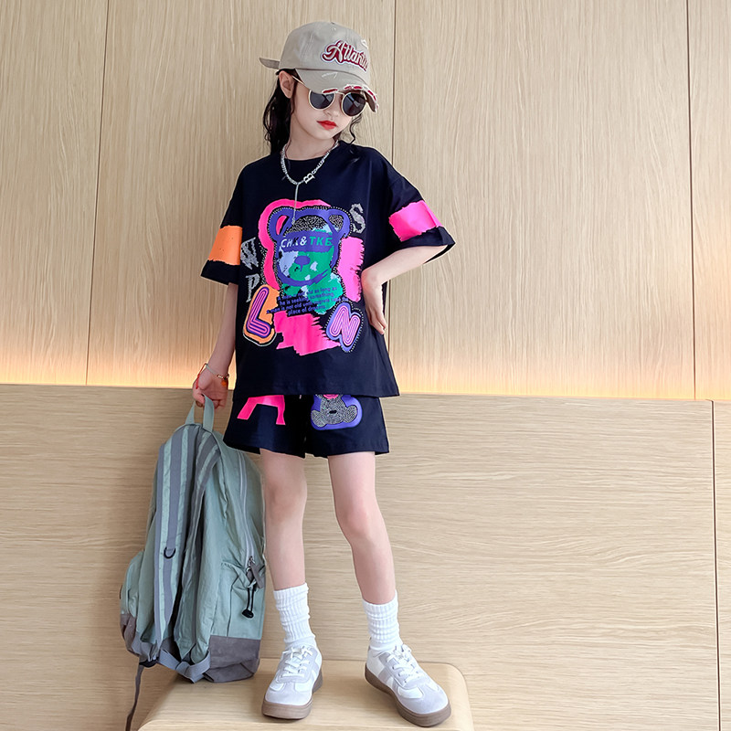 韩版女童装时髦洋气套装2024新款网红小女孩短袖儿童短裤纯棉夏装