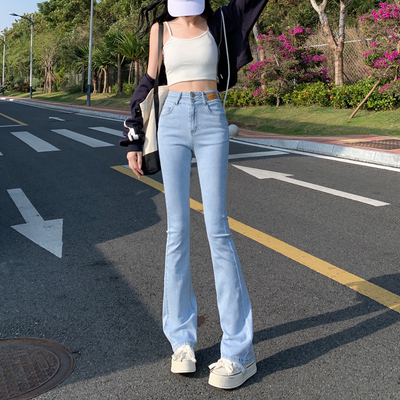 韩国浅蓝色牛仔裤女夏季薄款高腰小个子微喇裤修身显瘦弹力喇叭裤