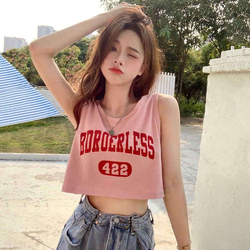 潮牌美式复古字母印花无袖T恤女2024夏宽松短款高腰露脐背心上衣