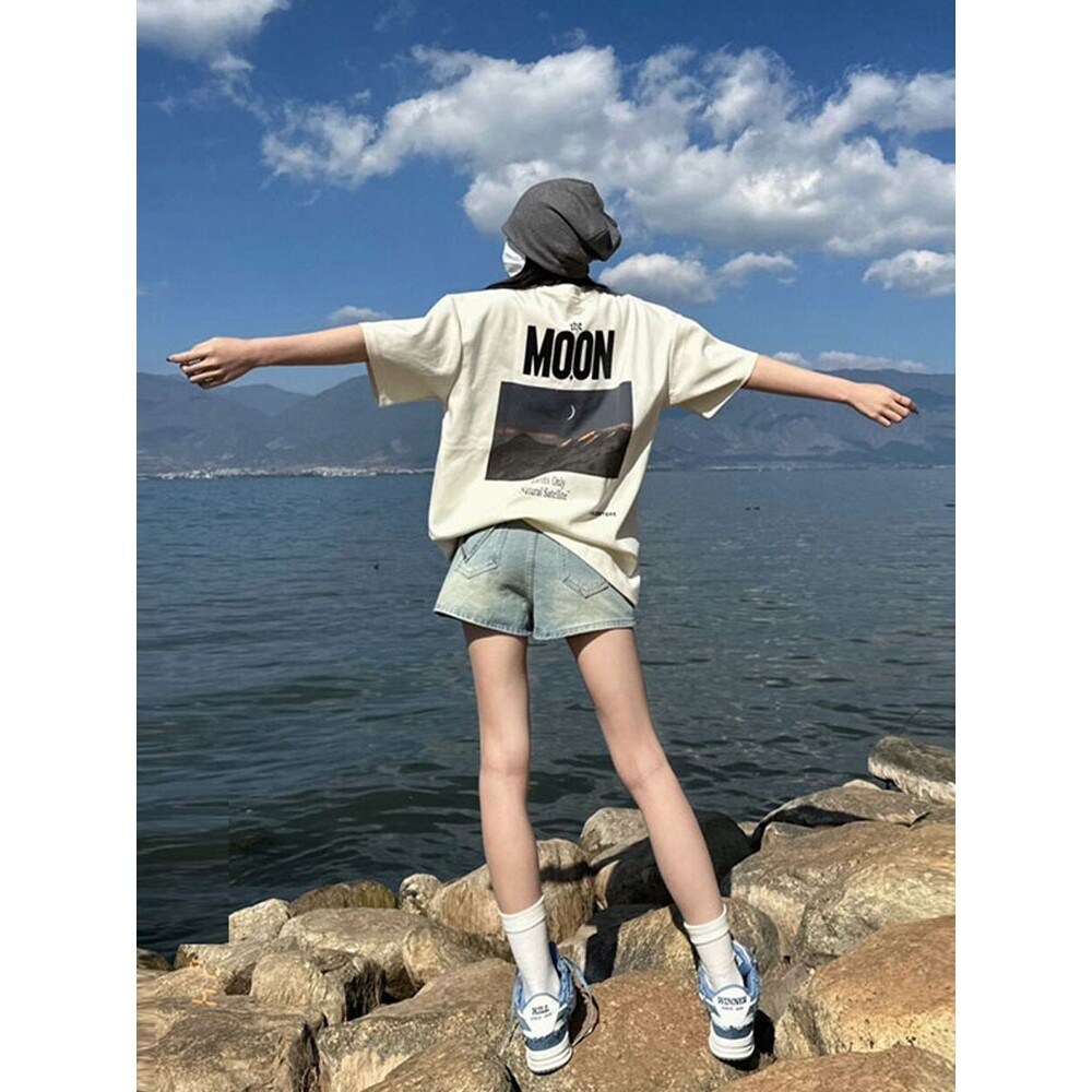潮牌美式复古印花短袖t恤女2024夏季新款宽松大码中长款显瘦上衣