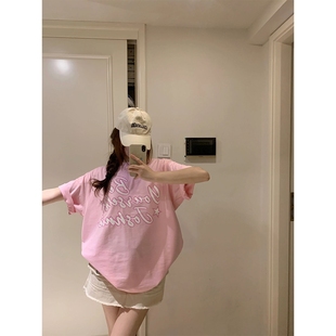 潮牌甜美减龄字母印花短袖 慵懒风上衣 T恤女2024夏季 宽松显瘦韩版