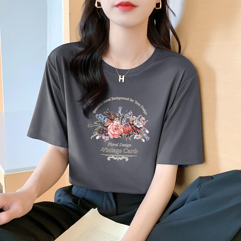 韩国夏季冰丝短袖女t恤港味法式印花体恤高级小众设计感上衣2024