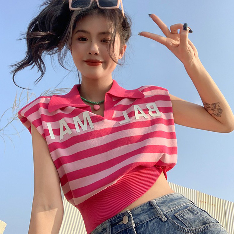 潮牌撞色条纹字母印花polo领无袖背心T恤女夏季小众收腰短款上衣