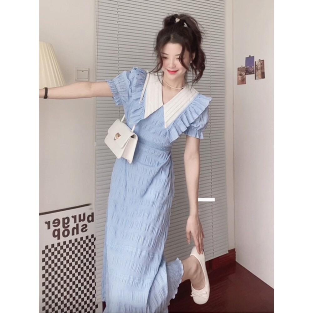 欧洲站法式气质温柔风甜美洋气减龄娃娃领蓝色连衣裙女夏显瘦长裙