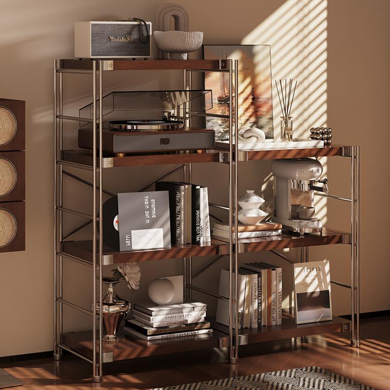 日式钢木置物架落地多层客厅阳台储物架书架家用厨房微波炉收纳架