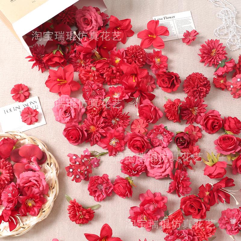 红色系混搭彷真花假花绢花diy手作簪花头饰学士帽花环材料包