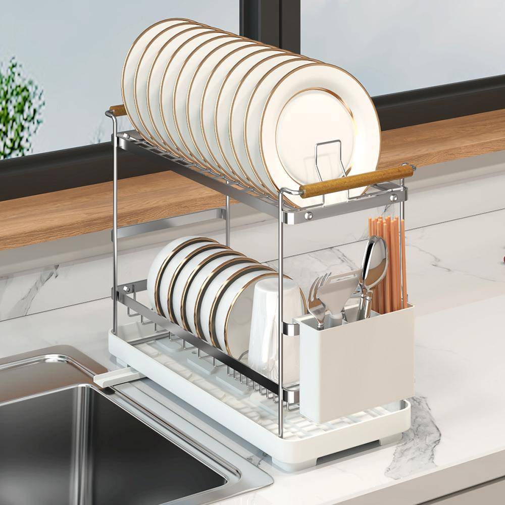 厨房台面水槽边木提手单双层不锈钢碗碟架碗盘筷子沥水厨房置物架