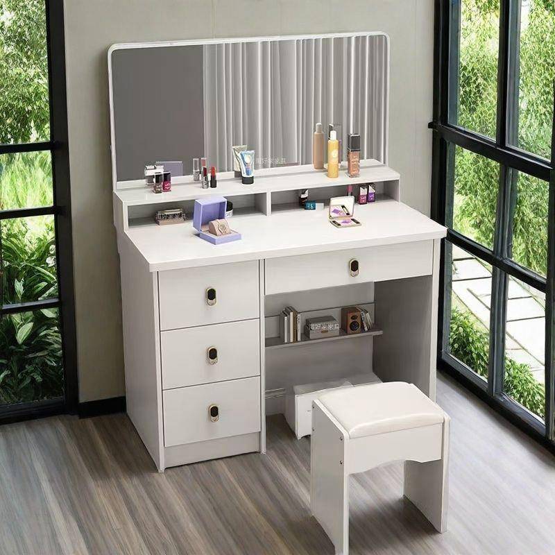新款卧室梳妆台小型出租屋ins简约美甲店化妆桌子镜子带led灯80CM