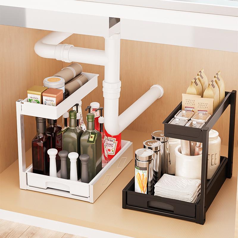 新款厨房水槽下置物架可调节跨境抽拉式分层抽屉篮整理储物收纳架