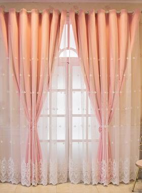 窗遮光TWD布帘纱一纯体双层飘窗客厅室色田园简约卧现代绣花纱帘