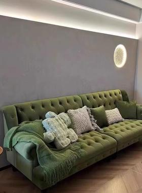 法复古橄榄绿色丝绒KIK实式客木户沙发三人位拉扣沙发美式小型厅