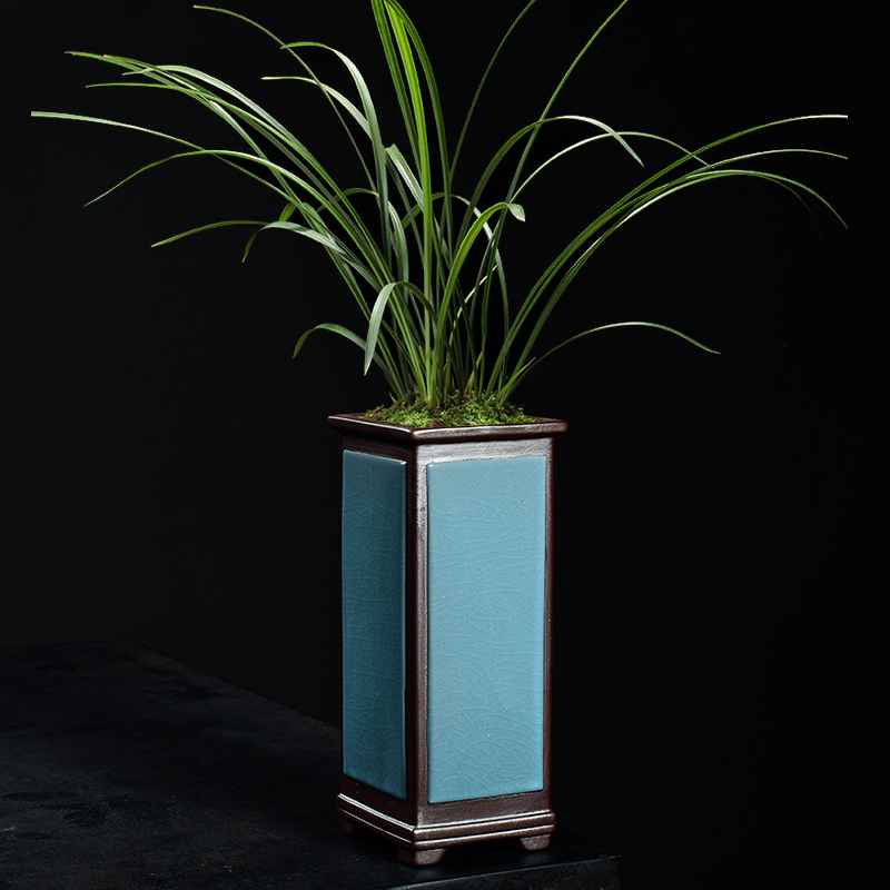 哥窑陶瓷花盆兰花专用盆高款四方中式家用绿植造景飘枝盆栽兰草盆
