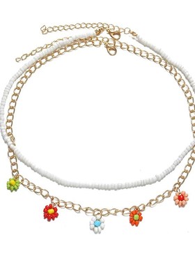 Pearl Daisy Pendant Necklace rice bead double layer Necklace