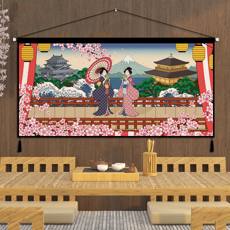 日式浮世绘装饰画布艺挂画网红卧室床头挂毯客厅背景墙挂布背景布图片
