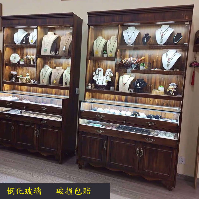 复古实木珠宝展示柜M古玩玉器透明陈列柜首饰蜜蜡饰品玻璃中岛柜
