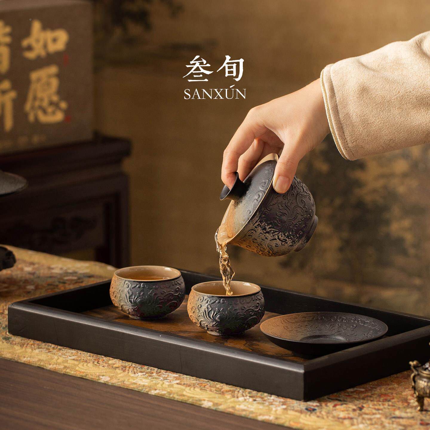 变浮雕枝莲茶具套窑装盖碗辈茶杯礼盒高档送长老缠师乔迁FD-016礼
