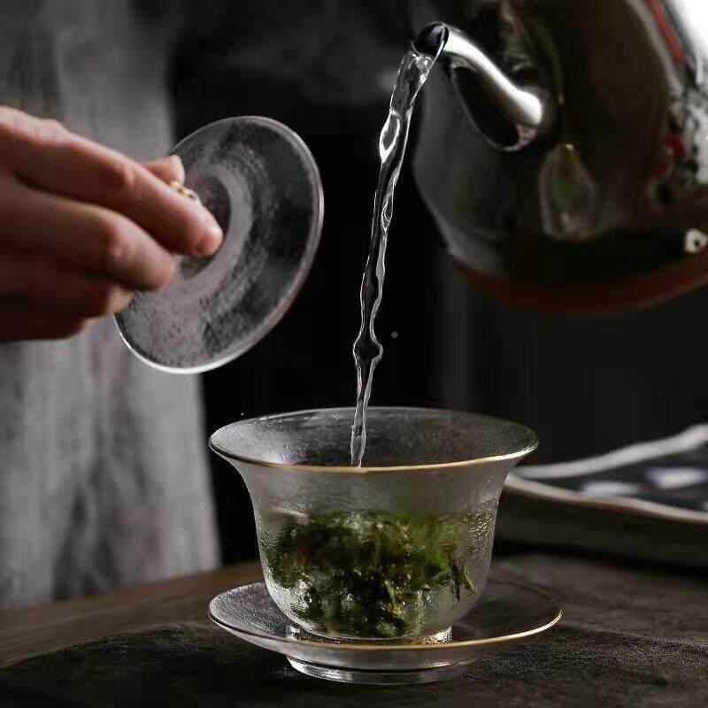 描绘锤纹杯玻璃J三才盖碗大号茶用功夫JSY-4120家具配件加厚泡金