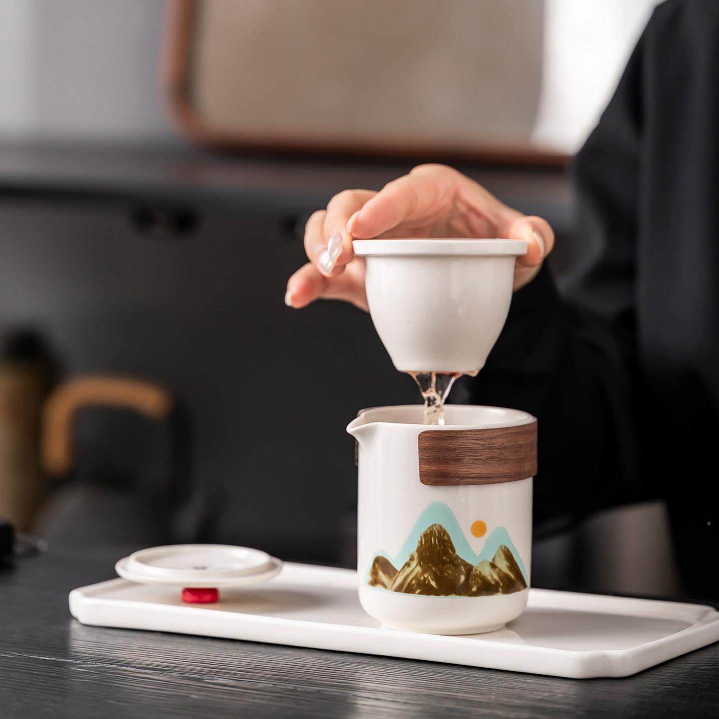 羊脂玉白瓷行旅夫茶具套装A0560-26露营壶外功出一壶三杯泡茶便携