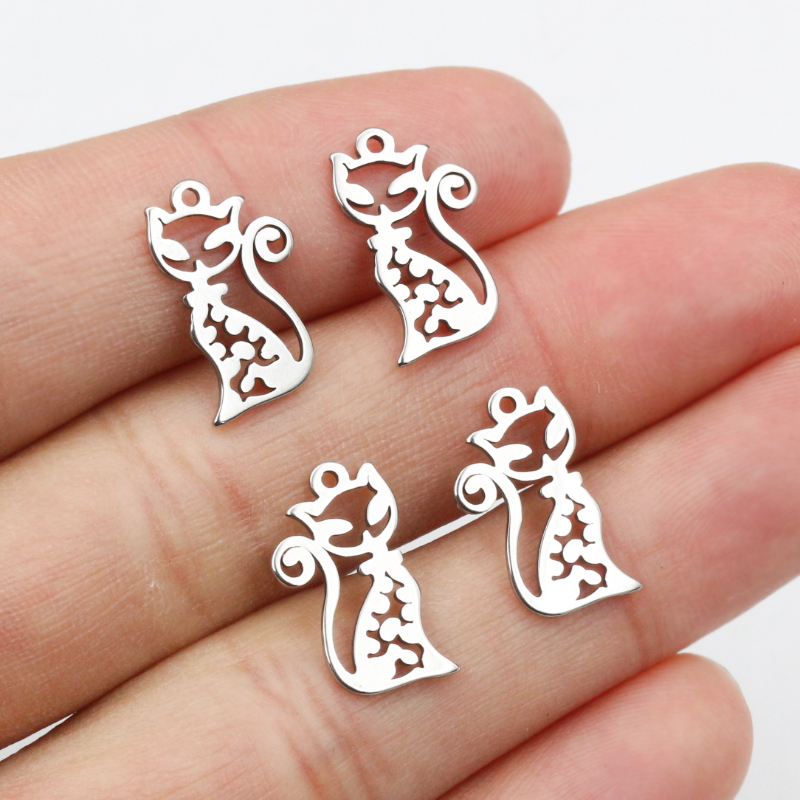 30pcs No Fade 316 Stainless Steel 15x9mm Cat Charms Pendant