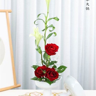 剑山插花器小原流花器高脚花器日式陶瓷白色小火锅禅意插花器皿