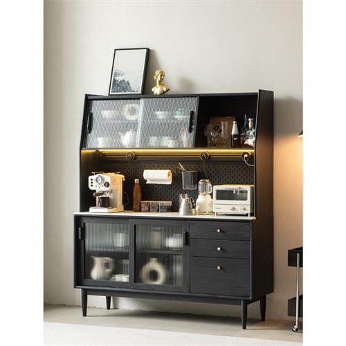 碧梧翠  北欧黑色实木餐边柜 日式靠墙一体高柜客厅储物柜茶水柜