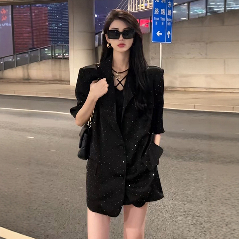RIERA欧货潮牌套装女夏季设计感重工满天星钻钻西装外套高腰短裤