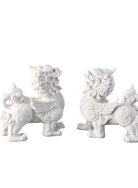 新中式白色砂岩树脂狮子摆件家居玄关办公室软装样板房禅意工艺品