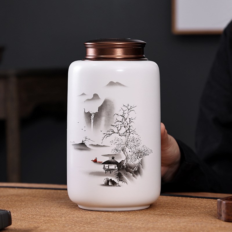 速发茶瓷陶叶罐密封罐金属盖旋转螺茶储茶罐防潮罐通用红纹绿茶普