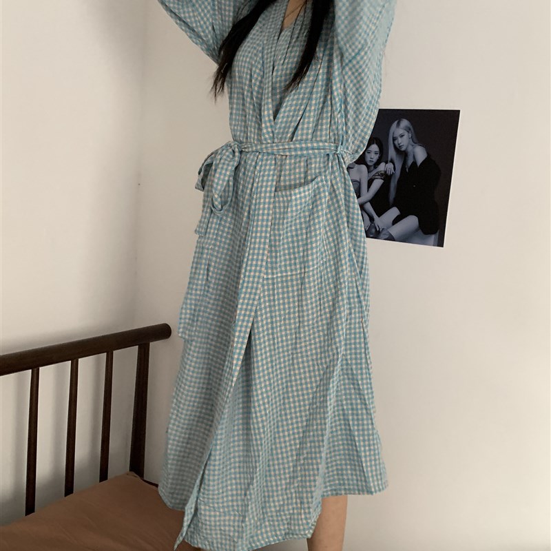 速发《早春碧螺》蓝调格子睡袍睡裙~可爱宽松浴袍长款和服睡衣家