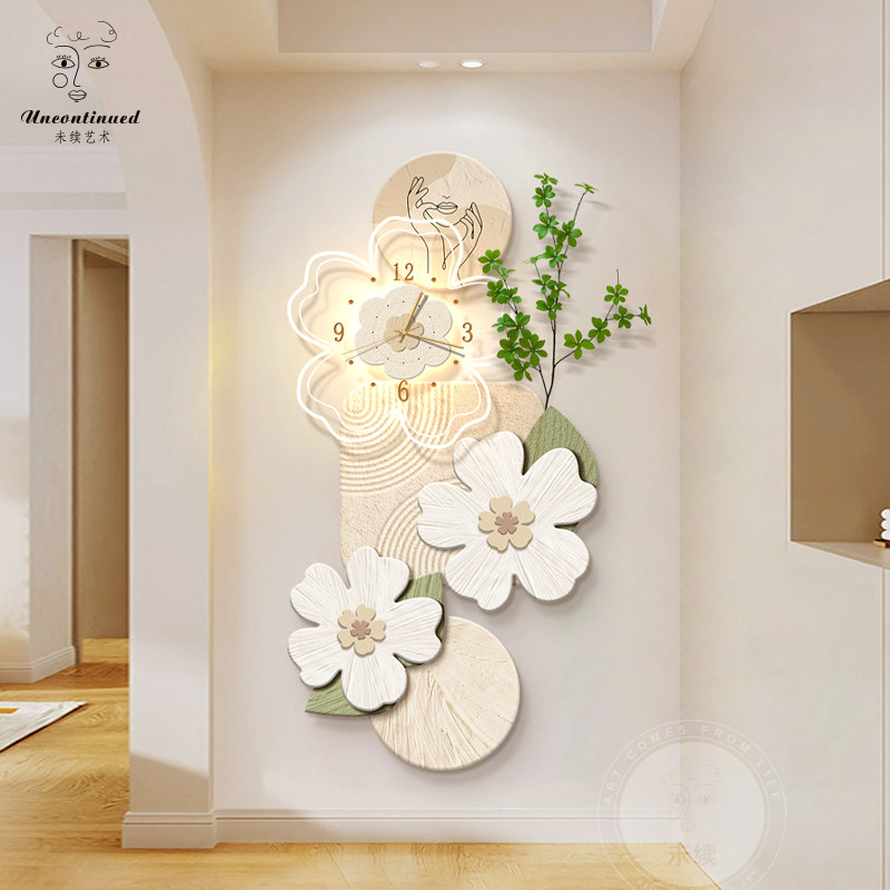 速发奶油风入户玄关挂饰画花卉走廊过道带时绿装画客厅钟植壁灯画