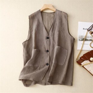 速发子末青合~薄款亚麻背心马闲宽松休甲无袖外套棉麻上衣