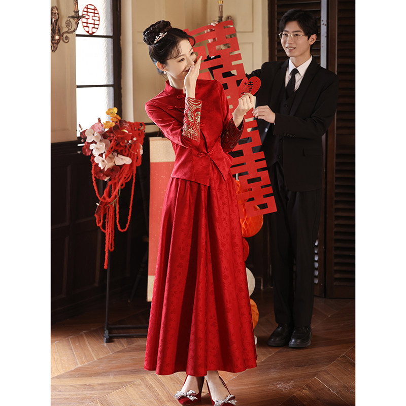 现货新中式敬酒服2024新款新娘酒红色秀禾服套装旗V袍国风婚服订