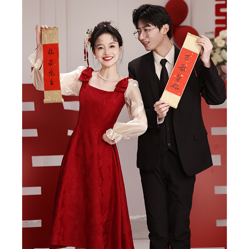 速发红色连式敬酒服新娘小个子高婚礼服订级感回门便装法衣裙大码