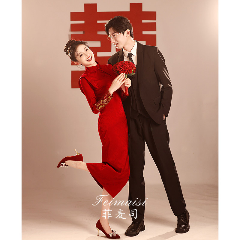 速发新中式旗袍敬酒02服24新款新娘酒红色刺绣长袖正订衣服肩婚礼