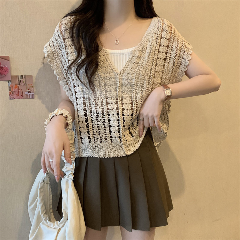 速发大码法式镂空衫花马甲钩织针202新款夏季遮肉短款上衣