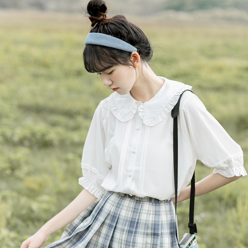速发甜美202年夏衬新款jk季衣设计感小众五分袖上衣
