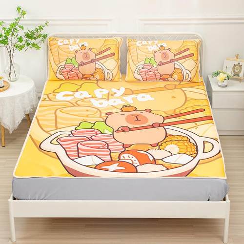 卡皮巴拉水豚冰丝席三件套女孩宿舍夏天可水洗折叠凉席单双人席子