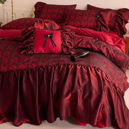 全棉提花玫瑰覆古结婚庆四件套长绒棉贡缎被套酒红公主风法式床品